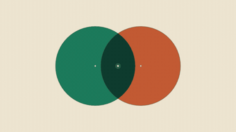 Bold abstract poster of two large circles, emerald and clay, breathing together on a cream field into a shared deep-green overlap lens with a bright spark at its heart — agency and production partner connecting. Raised Media Co.