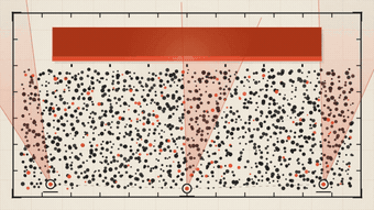 Bauhaus plan-view of an event room with stage slab, dense crowd dots, and sweeping camera cones in cream and hot orange — event video production. Raised Media Co.